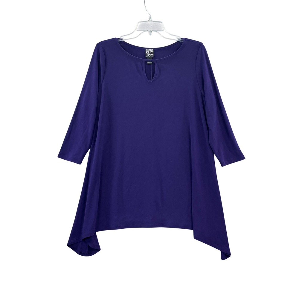 Vintage Clara Sunwoo Tunic Top Womens Medium Purple Sharkbite Hem 3/4 Sleeve USA